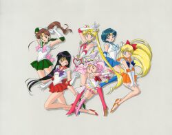  6+girls aino_minako arm_up arms_up back_bow bishoujo_senshi_sailor_moon black_eyes black_hair blonde_hair blue_boots blue_choker blue_eyes blue_hair blue_sailor_collar blue_skirt boots bow brown_hair chibi_usa choker cone_hair_bun crescent crescent_earrings crystal_carillon double_bun earrings elbow_gloves floating_hair gloves green_choker green_eyes green_sailor_collar green_shoes green_skirt grey_background hair_bobbles hair_bow hair_bun hair_ornament high_heels high_ponytail hino_rei inner_senshi jewelry kaleidomoon_scope kino_makoto knee_boots leotard long_hair looking_at_viewer magical_girl miniskirt mizuno_ami multicolored_skirt multiple_girls non-web_source official_art one_eye_closed open_mouth orange_choker orange_sailor_collar orange_shoes orange_skirt pink_boots pink_eyes pink_hair pleated_skirt ponytail pumps red_choker red_sailor_collar red_shoes red_skirt sailor_chibi_moon sailor_collar sailor_jupiter sailor_mars sailor_mercury sailor_moon sailor_senshi sailor_senshi_uniform sailor_venus shoes short_hair simple_background skirt smile strappy_heels super_sailor_chibi_moon super_sailor_moon tiara tsukino_usagi twintails very_long_hair 