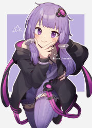  1girl animal_ears black_jacket black_shoes blush commentary_request corn_kuten dress hair_ornament hood hood_down hooded_jacket jacket knee_up long_sleeves looking_at_viewer purple_background purple_dress purple_hair purple_thighhighs rabbit_ears ribbed_dress ribbed_thighhighs shoes short_hair_with_long_locks smile solo standing standing_on_one_leg star_(symbol) thigh-highs twitter_username v violet_eyes vocaloid voiceroid yuzuki_yukari zettai_ryouiki 