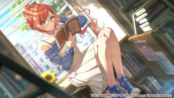  1girl ahoge arisugawa_natsuha bare_shoulders blue_camisole blue_nails blue_sandals blurry blush book bookshelf breasts brown_dress brown_eyes building camisole clouds collarbone dress flower full_body glasses hand_in_own_hair hand_up holding holding_book idolmaster idolmaster_shiny_colors indoors jewelry large_breasts long_hair long_sleeves nail_polish necklace orange_hair ponytail reading round_eyewear sandals sidelocks sitting sky solo sunflower swept_bangs tree very_long_hair window window_blinds 
