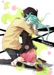  aqua_hair bandage bandages bandaid black_hair black_legwear comforting couple hatsune_miku hug jeans joanna_(mojo!) kneehighs kneeling long_hair myrollingstar rolling_girl_(vocaloid) scrape short_hair skirt sweater tears twintails vocaloid watermark 