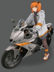  1girl a.i._voice adachi_rei black_pantyhose black_shirt black_skirt commentary_request full_body gloves grey_background hair_ribbon headlamp highres jacket kamefuku long_sleeves looking_at_viewer motor_vehicle motorcycle open_clothes open_jacket orange_background orange_eyes orange_hair pantyhose radio_antenna ribbon shirt shoes side_ponytail sitting skirt sneakers solo utau vehicle_focus wheel white_gloves white_jacket white_ribbon white_shoes 
