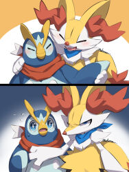  1other animal_ear_fluff animal_ears bandana bandana_around_neck beak bird blue_bandana blue_eyes blush braixen closed_eyes closed_mouth fox_ears furry looking_at_viewer makoto_ikemu multicolored_fur open_mouth penguin pokemon pokemon_(creature) pokemon_focus prinplup red_bandana red_eyes smile snout sweat white_fur yellow_fur 
