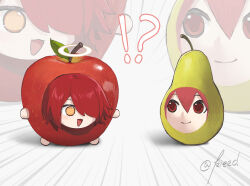  !? 2girls apple arknights artist_name commentary_request crossover emphasis_lines exusiai_(arknights) food fruit hair_between_eyes hair_over_one_eye halo kasane_teto kieed looking_at_another multiple_girls pear pearto red_eyes red_hair signature utau yellow_eyes zoom_layer 