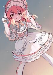  1girl blonde_hair blue_background bonnet commentary_request dress feet_out_of_frame floating_hair frilled_dress frills gradient_background green_eyes hands_on_headwear highres idolmaster idolmaster_cinderella_girls ketsuro legs_apart lolita_fashion long_hair looking_at_viewer pantyhose parted_lips sakurai_momoka solo sparkle three-quarter_sleeves white_dress white_pantyhose wrist_cuffs 