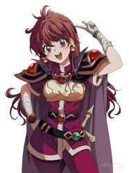  1girl armor belt blush bracelet breasts brown_hair cape commentary_request cowboy_shot earrings gloves grey_background hand_on_own_hip headband highres jewelry lina_inverse long_hair nagisa_iwa open_mouth red_eyes short_sleeves shoulder_armor slayers smile solo v 