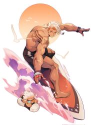  1boy arm_tattoo ascytheux back_muscles back_tattoo barefoot ben-day_dots bird black_male_swimwear black_swim_trunks chibi commentary dark-skinned_male dark_skin dog_tags doll fingerless_gloves gloves grin hashtag-only_commentary highres looking_ahead luke_sullivan lying male_focus male_swimwear multicolored_hair multiple_tattoos muscular muscular_male official_alternate_hair_color official_alternate_skin_color on_stomach orange_hair outstretched_arms scar scar_across_eye scar_on_face screentones seagull shoulder_tattoo smile solo sparkle standing street_fighter street_fighter_6 sunglasses surfboard surfing swim_trunks tattoo teeth topless_male two-tone_hair watch watch water white_background white_hair 