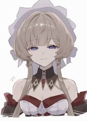  1girl blue_eyes detached_sleeves gem genshin_impact grey_hair headdress highres red_gemstone sandrone_(genshin_impact) short_hair_with_long_locks signature simple_background smile solo suwa_(swk_kkk) upper_body white_background white_headdress 