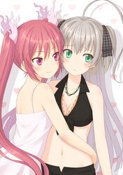  2girls ahoge aqua_eyes breasts cleavage cthugha_(nyaruko-san) dress earrings grey_hair hair_ribbon haiyore!_nyaruko-san heart hug jewelry kuro_(chrono) long_hair multiple_girls navel necktie nyarlathotep_(nyaruko-san) pink_eyes redhead ribbon smile star star_earrings twintails two_side_up very_long_hair white_dress yuri 