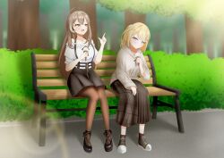  2girls absurdres bench blonde_hair blue_eyes brown_eyes brown_hair cosplay costume_switch food highres hololive hololive_english ice_cream jdlink multiple_girls nanashi_mumei nanashi_mumei_(casual) park park_bench sitting skirt virtual_youtuber watson_amelia watson_amelia_(street_casual) 