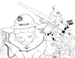  4others anger_vein anti-aircraft_gun artillery artist_name brodie_helmet card closed_eyes combat_helmet commentary english_commentary english_text field_radio grass greyscale helmet lamball monochrome multiple_others on_stool outdoors pal_(creature) palworld playing_card pun shell signature zerberin1 zzz 