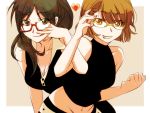  :q bare_shoulders black_hair brown_hair copyright_request glasses grin heart locked_arms midriff mogiko multiple_girls red-framed_glasses short_hair smile tongue yellow-framed_glasses 