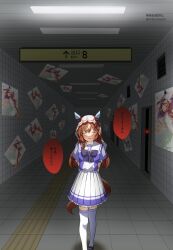  1girl animal_ears arms_behind_back blue_bow blue_bowtie bow bowtie brown_hair ceiling ceiling_light closed_eyes dark door ear_covers frilled_skirt frills glowing highres horse_ears horse_girl horse_tail indoors long_hair matuda_(matudayazo) multicolored_hair open_mouth pleated_skirt poster_(object) school_uniform skirt solo still_in_love_(umamusume) streaked_hair tail the_exit_8 thigh-highs tile_ceiling tile_floor tile_wall tiles tracen_school_uniform translation_request umamusume veil white_hair white_skirt white_thighhighs zettai_ryouiki 