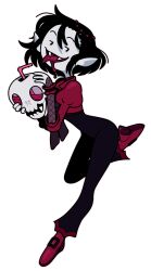  1girl adventure_time adventure_time:_fionna_and_cake black_hair blood demon_girl discount-supervillain drinking_blood fangs highres marceline_abadeer official_alternate_costume official_alternate_hair_length official_alternate_hairstyle pointy_ears short_hair skull smile solo the_star_(adventure_time) vampire 