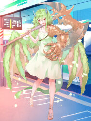  1girl :d armor axe battle_axe blue_horns breasts chain_paradox clawed_gauntlets clona collarbone dragon_girl dragon_horns dragon_wings dress etruria_mayor falling_petals full_body fur_trim gauntlets gold_armor green_dress green_hair green_wings hair_between_eyes highres holding holding_axe holding_weapon horns long_hair looking_at_viewer medium_breasts medium_dress over_shoulder pauldrons petals red_eyes sandals shoulder_armor single_bare_shoulder single_gauntlet single_pauldron sleeveless sleeveless_dress smile solo spaghetti_strap standing tail train_station weapon weapon_over_shoulder white_sandals wings 