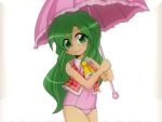  ascot bare_shoulders green_eyes green_hair kazami_yuuka kazami_yuuka_(pc-98) long_hair no_pants one-piece_swimsuit plaid plaid_vest school_swimsuit solo swimsuit swimsuit_under_clothes touhou touhou_(pc-98) umbrella vest winn youkai 