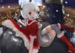  1girl christmas city lights moon pink_eyes red_boots santa_costume short_hair sitting smile snowflakes tagme teeth thighhighs thighs white_hair 