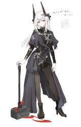  1girl absurdres alternate_costume arknights black_horns black_jacket black_pantyhose black_shirt black_shoes black_skirt boots commentary_request death_unagi demon_girl demon_horns dot_nose earrings expressionless full_body hammer high_heel_boots high_heels highres horns jacket jewelry light_frown long_hair long_sleeves looking_at_viewer mudrock_(arknights) pantyhose pointy_ears red_eyes shirt shoes simple_background skirt sledgehammer solo translation_request turtleneck white_background white_hair 
