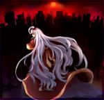  capelet city hair_bobbles hair_ornament innelysion long_hair looking_back mystic_square red_eyes red_sky robe shinki side_ponytail sky solo sunset touhou very_long_hair white_hair 