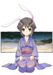  brown_eyes bunny_ears grey_hair japanese_clothes kimono kneeling nagato_yuki nanabuluku short_hair suzumiya_haruhi_no_yuuutsu 