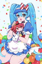  1girl apron back_bow ball black_choker black_necktie blue_dress blue_eyes blue_hair blue_hat bow bright_pupils character_doll chemaru_(a8l) choker collar commentary confetti doll dress drill_hair eyelashes gloves hat hat_bow hatsune_miku highres kasane_teto long_hair looking_at_viewer mesmerizer_(vocaloid) necktie open_mouth pants pinstripe_dress pinstripe_hat pinstripe_pattern puffy_short_sleeves puffy_sleeves red_eyes red_hair red_pants seiza shirt short_sleeves simple_background sitting small_sweatdrop smile smiley_hat_ornament solo striped_bow striped_clothes striped_shirt suspenders twintails vertical-striped_clothes very_long_hair visor_cap vocaloid waist_apron white_apron white_background white_collar white_pupils wrist_cuffs yellow_gloves 