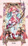  arrow bow bow_(weapon) bubble_skirt card_(medium) character_name choker curtains english fate/stay_night fate_(series) flower gloves hair_bow hakonekohime highres kaname_madoka kneehighs leg_lift lily_(flower) madoka_runes magical_girl mahou_shoujo_madoka_magica pink_eyes pink_hair puffy_sleeves shoes short_hair smile solo tarot twintails weapon weapon_connection white_gloves white_legwear 