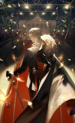  1boy artist_request ascot belt belt_buckle black_cape black_gloves black_jacket black_pants black_suit blazer buckle cane cape closed_eyes closed_mouth collared_shirt dress_pants earrings elf expressionless falling_leaves floating_cape formal_clothes full_body fur-trimmed_cape fur_trim game_cg glint gloves gold_buckle gold_earrings grey_hair hair_between_eyes highres holding holding_cane jacket jewelry leaf long_sleeves male_focus mansion mercury_(shining_nikki) night night_sky nikki_(series) official_alternate_color official_art outdoors palm_tree pants paparazzi pointy_ears pointy_nose red_belt red_cape red_carpet shining_nikki shirt short_hair sky sleeve_cuffs solo_focus stage_lights standing suit tree two-sided_cape two-sided_fabric white_ascot white_shirt 