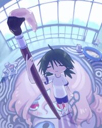  &gt;:) 2girls absurdres alcohol artist_name blush green_hair gym_uniform hair_ornament highres holding holding_paintbrush indoors kurohanenone looking_at_viewer low_twintails mogawa_(shimeji_simulation) multiple_girls mural paint_can paintbrush painting_(action) pink_hair ponytail shimeji_simulation shoes sneakers squinting sumida_(shimeji_simulation) twintails v-shaped_eyebrows wading_pool 