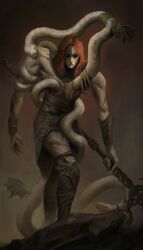  1boy absurdres animal artist_name base_serpent_messmer bat_wings bracer commentary elden_ring elden_ring:_shadow_of_the_erdtree expressionless facing_viewer fingernails highres holding holding_polearm holding_weapon hollow_eyes instagram_logo instagram_username lamellar_armor male_focus medium_hair messmer_the_impaler polearm red_hair rioyudha22 sharp_fingernails snake snake_wrapped_around_body solo twitter_username twitter_x_logo weapon white_snake wings 