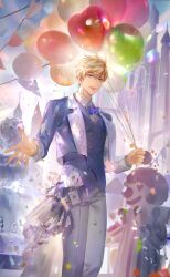  ace_(playing_card) ace_of_spades adapted_costume artist_request backlighting balloon blazer blonde_hair blue_eyes blue_jacket blue_skirt blue_sky blue_vest bow bowtie buttons card castle clouds clown clown&#039;s_welcome_(shining_nikki) collared_jacket collared_shirt confetti diamond_print dress_pants dress_shirt fountain frilled_skirt frills game_cg garland_(decoration) girly_boy grey_pants hair_between_eyes happy heart_balloon highres holding holding_balloon jacket lapels light_particles loen_(shining_nikki) long_skirt long_sleeves messy_hair nikki_(series) notched_lapels official_alternate_costume official_art open_clothes open_jacket open_mouth outdoors outstretched_hand pants playing_card purple_bow purple_bowtie shining_nikki shirt short_hair showgirl_skirt skirt sky sleeve_cuffs smile spade_(shape) sunset teeth traditional_bowtie tuxedo upper_teeth_only vest white_shirt white_sleeve_cuffs 