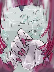  2girls baobhan_sith_(fate) baobhan_sith_(first_ascension)_(fate) fate/grand_order fate_(series) female_pov fingernails highres long_hair morgan_le_fay_(fate) mother_and_daughter multiple_girls nail_polish niwaikanai pink_hair pink_nails pov simple_background water_drop 