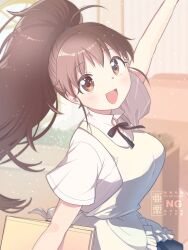  :d aguri_(aaa_guwo) apron arm_at_side arm_up black_ribbon breasts brown_eyes brown_hair commentary_request copyright_notice frilled_apron frills from_side happy highres holding indoors large_breasts light_blush light_particles long_hair looking_at_viewer looking_to_the_side neck_ribbon ponytail ribbon shirt short_sleeves sidelocks smile standing straight_hair taneshima_popura teeth upper_teeth_only white_shirt working!! yellow_apron 