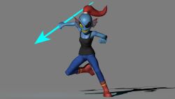  1girl 2017 3d absurdres andypurro anthro black_eyepatch black_tank_top blender_(medium) blue_pants blue_skin boots colored_skin digital_media ear_fins eyepatch female female_only fins fish fish_girl grey_background head_fins highres large_filesize long_hair monster monster_girl pants polearm red_boots red_hair shadow sharp_teeth simple_background solo spear tank_top teeth undertale undyne utdr_(toby_fox) weapon yellow_teeth 