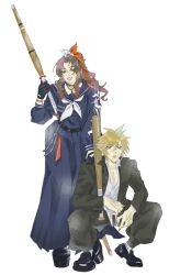  1boy 1girl aerith_gainsborough aerith_gainsborough_(midgard_seventh_high_school) bandaid bandaid_on_cheek bandaid_on_face baseball_bat breasts choker clerithfication cloud_strife cloud_strife_(midgard_seventh_high_school) collared_shirt delinquent final_fantasy final_fantasy_vii final_fantasy_vii_ever_crisis flower full_body gakuran gloves hair_between_eyes hair_flower hair_ornament hair_ribbon hand_on_another&#039;s_shoulder highres holding holding_baseball_bat jacket limited_palette long_hair long_skirt medium_breasts neckerchief official_alternate_costume parted_bangs parted_lips platform_shoes pleated_skirt ponytail popped_collar ribbon school_uniform shinai shirt short_hair sidelocks skirt smile spiky_hair squatting sukeban sword toothpick weapon white_background 