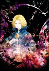  1boy black_background blonde_hair commentary cropped_torso eald'narche final_fantasy final_fantasy_xi heterochromia light_frown male_focus mismatched_sclera no_eyepatch ruka_(blueplus84) scar scar_across_eye scar_on_face short_hair solo 