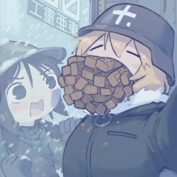  2girls absurdres against_glass artist_name backwards_text black_eyes black_hair blonde_hair blush brodie_helmet chito_(shoujo_shuumatsu_ryokou) closed_eyes coat combat_helmet crumbs crying crying_with_eyes_open face_against_glass field_ration food food_in_mouth fur_trim gentlemen_(meme) green_coat grey_helmet hand_on_glass helmet highres jacket kurohanenone long_hair long_sleeves low_twintails meme military_uniform multiple_girls open_mouth selfie shoujo_shuumatsu_ryokou shouting snow stahlhelm tears toha_heavy_industries twintails yuuri_(shoujo_shuumatsu_ryokou) 