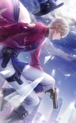  1boy animal_print artist_request belt belt_bag belt_buckle bird bird_print black_bag black_belt black_boots black_hat black_shirt blonde_hair blue_eyes boots buckle building cherry_blossoms city closed_mouth clouds coat collared_coat collared_shirt crane_(animal) crest dress_pants falling floating_clothes flower foot_out_of_frame from_side full_moon game_cg glass_shards gloves gold_buckle gun hair_between_eyes handgun hat hat_flower hat_loss high_collar highres holding holding_gun holding_weapon holster knee_boots lapels light_particles loen_(shining_nikki) long_sleeves looking_ahead male_focus moon night night_sky nikki_(series) notched_lapels official_art open_clothes open_coat outdoors pants pointy_nose red_coat shining_nikki shirt short_hair sky skyscraper sleeve_cuffs solo thigh_belt thigh_strap weapon white_flower white_gloves white_pants 