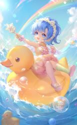  1girl artist_request asymmetrical_footwear bare_shoulders blue_eyes blue_hair blue_sky blunt_bangs bow bow_hairband bowtie brooch bubble_skirt cape child clouds dress eyelashes floating_cape full_body game_cg gradient_clothes gradient_skirt green_socks hairband heart heart_brooch highres holding holding_wand iridescent_foam_(shining_nikki) jewelry kneehighs lace-trimmed_dress lace_trim light_particles looking_to_the_side marina_(shining_nikki) mismatched_footwear momo_(nikki) nikki_(series) ocean official_art open_mouth pink_bow pink_bowtie pink_sandals pink_scrunchie pink_skirt purple_sandals rainbow riding rubber_duck sandals scrunchie shell shining_nikki short_hair single_bare_leg single_kneehigh single_sock sitting skirt sky sleeveless sleeveless_dress smile socks solo star_wand striped_clothes striped_socks two-tone_skirt wand water_drop waves white_bow white_cape white_hairband wrist_scrunchie yellow_collar yellow_dress 