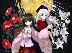  2girls absurdres arm_up arrow_(projectile) black_eyes black_hair blue_dress bow bow_(weapon) chest_bow commentary_request cowboy_shot dress flower highres hime_cut holding_hands houraisan_kaguya japanese_clothes kimura8556spsk long_hair looking_at_viewer moon multiple_girls red_dress red_flower red_rose rose touhou two-tone_dress weapon white_bow white_flower white_hair wide_sleeves yagokoro_eirin 