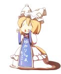  arms_up blonde_hair clothes_writing clothing_writing dearmybrothers dress fox_tail hat simple_background solo tail touhou translated yakumo_ran young |_| 