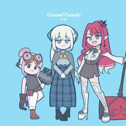  3girls baobhan_sith_(fate) black_eyes blue_eyes bow braid earrings fate/grand_order fate_(series) full_body grey_eyes habetrot_(fate) hair_between_eyes hair_bow half_up_braid hammer holding holding_hammer ichigo_berry jewelry long_hair looking_at_viewer morgan_le_fay_(a_break_in_the_rainy_season)_(fate) morgan_le_fay_(fate) mother_and_daughter multiple_girls open_mouth pink_hair pointy_ears ponytail simple_background smile standing white_hair 