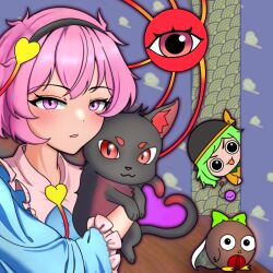  2girls absurdres black_hairband cat commentary cyanbluecyan green_hair hairband heart highres indoors kaenbyou_rin kaenbyou_rin_(cat) komeiji_koishi komeiji_satori multiple_girls pink_eyes pink_hair red_eyes reiuji_utsuho reiuji_utsuho_(bird) short_hair third_eye touhou upper_body 