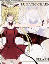  1girl absurdres bare_shoulders blonde_hair boots bracelet commentary_request detached_collar dress hair_between_eyes hand_on_own_hip highres hoshina_utau jewelry knn_nabi korean_commentary light_smile lunatic_charm magical_girl multiple_views outstretched_arm red_dress shugo_chara! sidelocks thigh_boots twintails twitter_username wings 