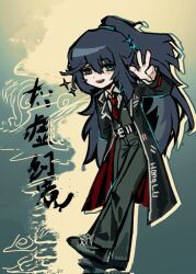  1boy black_coat black_eyes black_hair black_pants black_shoes blue_background blue_eyes coat collared_shirt deformed ehooooooost full_body heterochromia high_ponytail highres hong_lu_(project_moon) limbus_company long_hair long_sleeves looking_at_viewer male_focus necktie pants ponytail project_moon red_necktie shirt shoes simple_background solo sparkle standing v white_shirt 