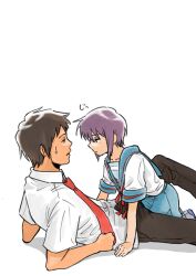  1boy 1girl blue_sailor_collar blue_skirt brown_hair brown_pants closed_mouth collarbone collared_shirt expressionless hetero highres kita_high_school_uniform kyon looking_at_another lying nagato_yuki necktie nuka_(wrdn3774) on_back pants pleated_skirt purple_hair red_necktie red_ribbon ribbon sailor_collar school_uniform serafuku shirt short_hair short_sleeves simple_background skirt summer_uniform suzumiya_haruhi_no_yuuutsu white_background white_shirt 