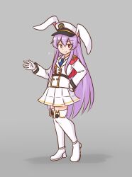  1girl animal_ears blue_necktie boots bright_pupils closed_mouth commentary commission full_body gloves grey_background hair_between_eyes hand_on_own_hip hat highres jacket long_hair long_sleeves looking_at_viewer military_hat military_jacket military_uniform miniskirt mizusoba necktie official_alternate_costume peaked_cap pink_hair pleated_skirt puff_of_air rabbit_ears rabbit_girl red_eyes reisen_udongein_inaba reisen_udongein_inaba_(special_investigation_white_rabbit) sailor_hat simple_background skeb_commission skirt smile solo split_mouth standing thigh_boots touhou touhou_lostword very_long_hair white_boots white_gloves white_hat white_jacket white_pupils white_skirt 