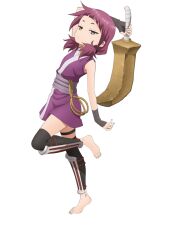  1girl anime_coloring arm_up barefoot black_gloves black_thighhighs blush bokken breasts closed_mouth fingerless_gloves from_side full_body gloves grey_eyes holding holding_sword holding_weapon japanese_clothes jitome kimono kunoichi_tsubaki_no_mune_no_uchi leaning_back leg_up looking_at_viewer low_twintails medium_breasts medium_hair ninja obi official_art okuda_yousuke purple_kimono rope sash shakuyaku_(kunoichi_tsubaki_no_mune_no_uchi) shin_guards short_eyebrows short_kimono sidelocks simple_background sleeveless sleeveless_kimono solo standing standing_on_one_leg sword tachi-e thigh-highs thigh_strap transparent_background twintails violet_eyes weapon wooden_sword 