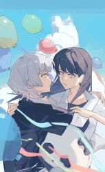  2girls balloon bang_dream! bang_dream!_it's_mygo!!!!! black_hair black_shirt clouds floating_hair highres kaname_raana layered_sleeves long_hair long_sleeves mole mole_under_eye multiple_girls open_mouth shiina_taki shirt short_hair short_over_long_sleeves short_sleeves stuffed_animal stuffed_panda stuffed_toy toumeiii violet_eyes white_shirt yellow_eyes yuri 