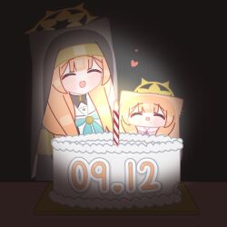  2girls animal_ears birthday_cake blue_archive blunt_bangs blush cake candle chibi closed_eyes coif commentary darkness dated dress dual_persona english_commentary food halo heart highres horuhara long_hair mari_(blue_archive) multiple_girls neck_ribbon neckerchief no_nose open_mouth orange_hair ribbon smile yellow_halo 