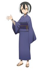  1girl anime_coloring black_hair blue_kimono blue_sash blush bob_cut breasts closed_mouth fishnet_pantyhose fishnet_sleeves fishnets full_body hair_between_eyes hand_up japanese_clothes kimono konoha_(kunoichi_tsubaki_no_mune_no_uchi) kunoichi_tsubaki_no_mune_no_uchi large_breasts long_sleeves looking_at_viewer multicolored_hair ninja obi official_art okuda_yousuke open_hand palms pantyhose sash short_hair simple_background sleeves_past_wrists solo spread_fingers standing tachi-e tareme transparent_background two-tone_hair waraji white_hair wide_sleeves yellow_eyes 