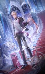  1boy alcohol armband artist_request ascot ballroom banner black_jacket black_pants black_shoes black_suit blonde_hair blue_eyes brooch carpet chandelier closed_mouth collared_jacket cup dress_pants dress_shoes drink drinking_glass dutch_angle floating_clothes formal_clothes full_body game_cg glass_shards happy highres holding holding_drink indoors jacket jewelry lantern lapels layered_sleeves light_particles lips loen_(shining_nikki) long_sleeves looking_at_viewer male_focus night night_sky nikki_(series) notched_lapels official_art open_clothes open_jacket pants purple_armband shining_nikki shoes short_hair sky smile solo spilling standing star_(sky) star_brooch starry_sky suit swept_bangs table tuxedo vest white_ascot white_vest window wine wine_glass 